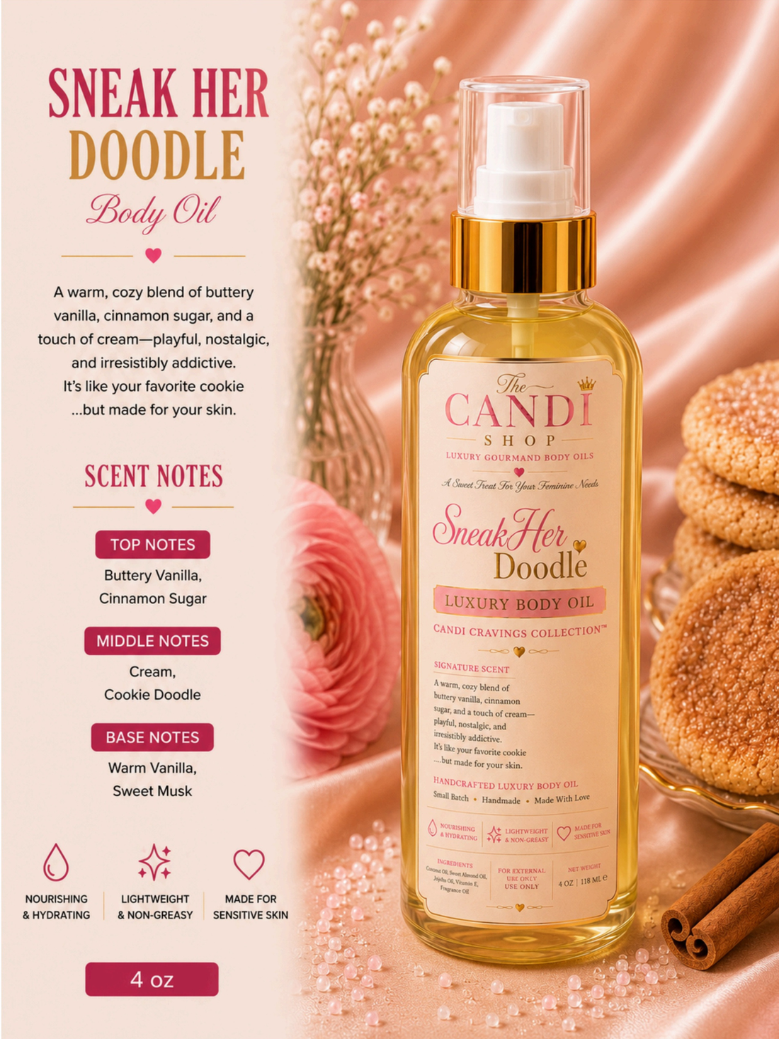 A bottle of 'The Candi Shop' 'Sneak Her Doodle' Luxury Body Oil, styled with pink satin fabric, baby's breath flowers, cinnamon sticks, and sugar cookies on a light beige surface.