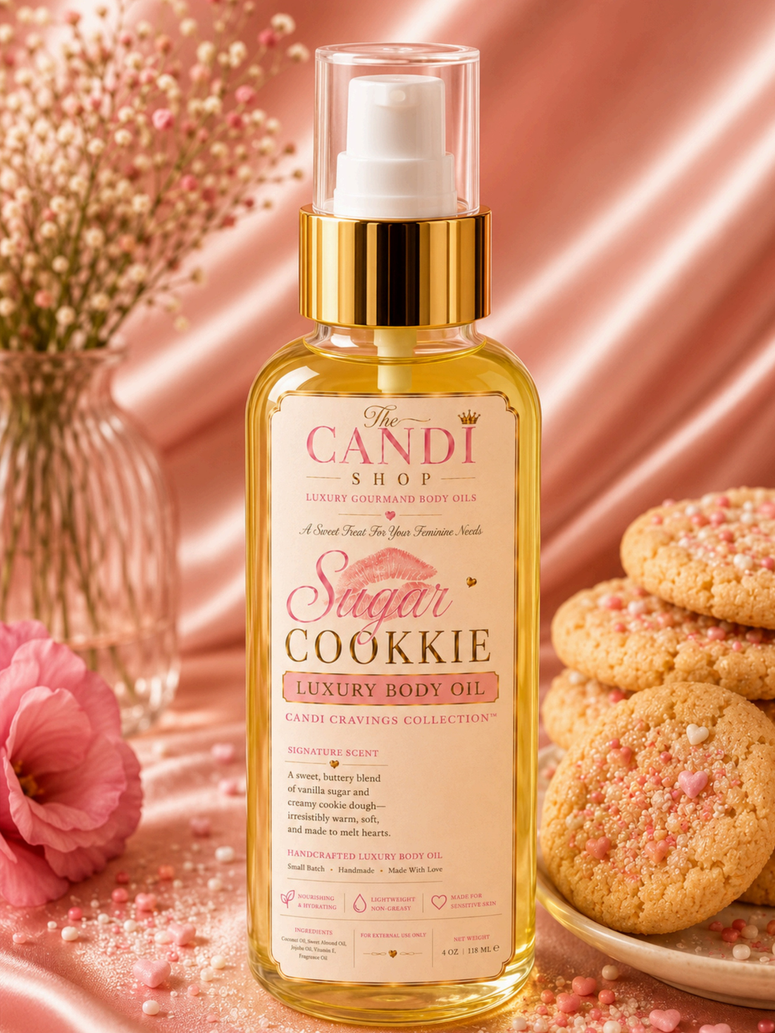 A bottle of The Candi Shop Sugar Cookie Luxury Body Oil, filled with golden yellow oil and featuring a gold collar, set against a pink satin background with pink flowers and sugar cookies.