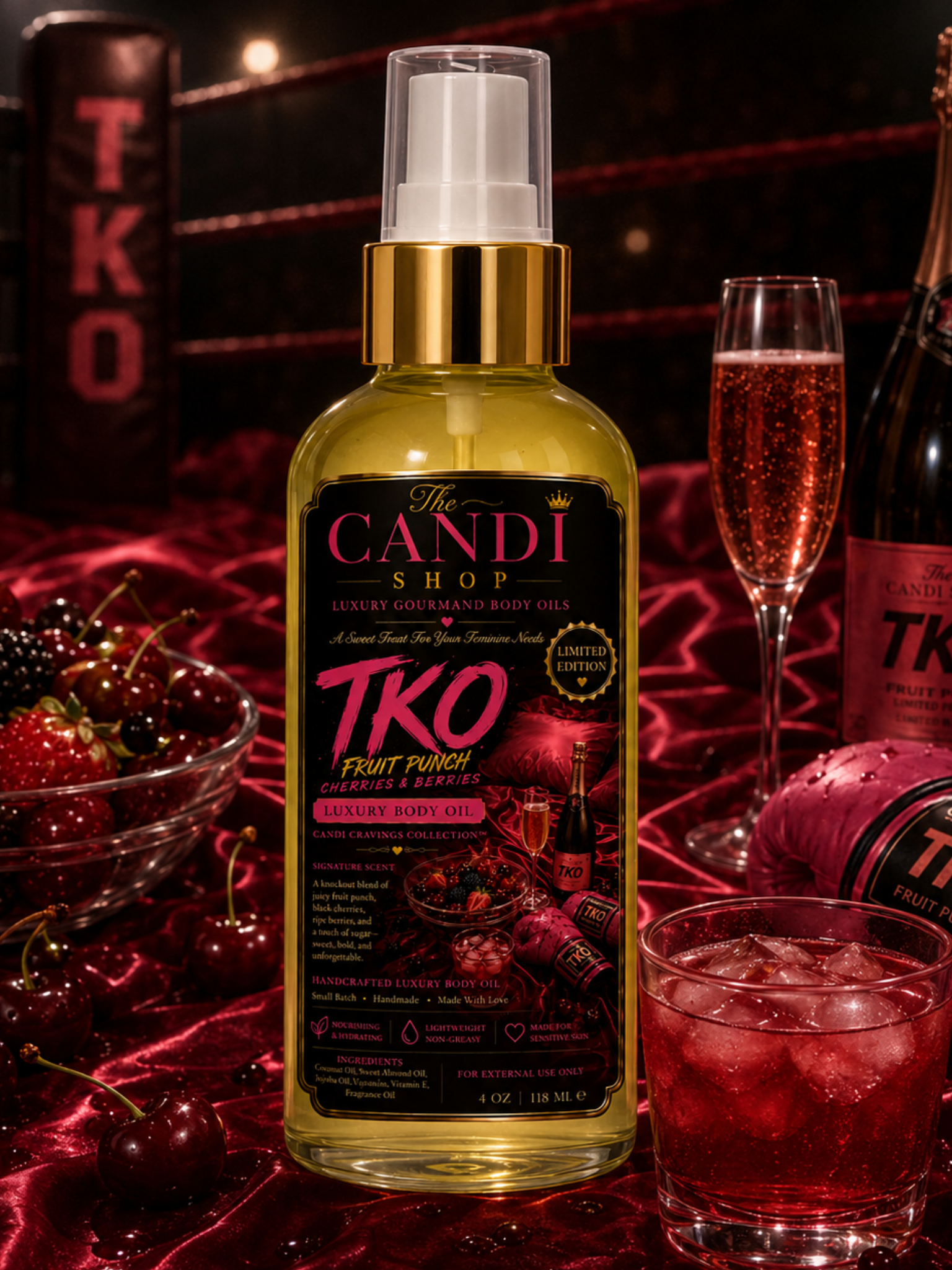 A bottle of The Candi Shop TKO Fruit Punch Luxuriously Body Oil, filled with golden-yellow oil and featuring a black label with pink and gold text, styled on a dark red fabric with champagne glasses, strawberries, and a bottle in the background.