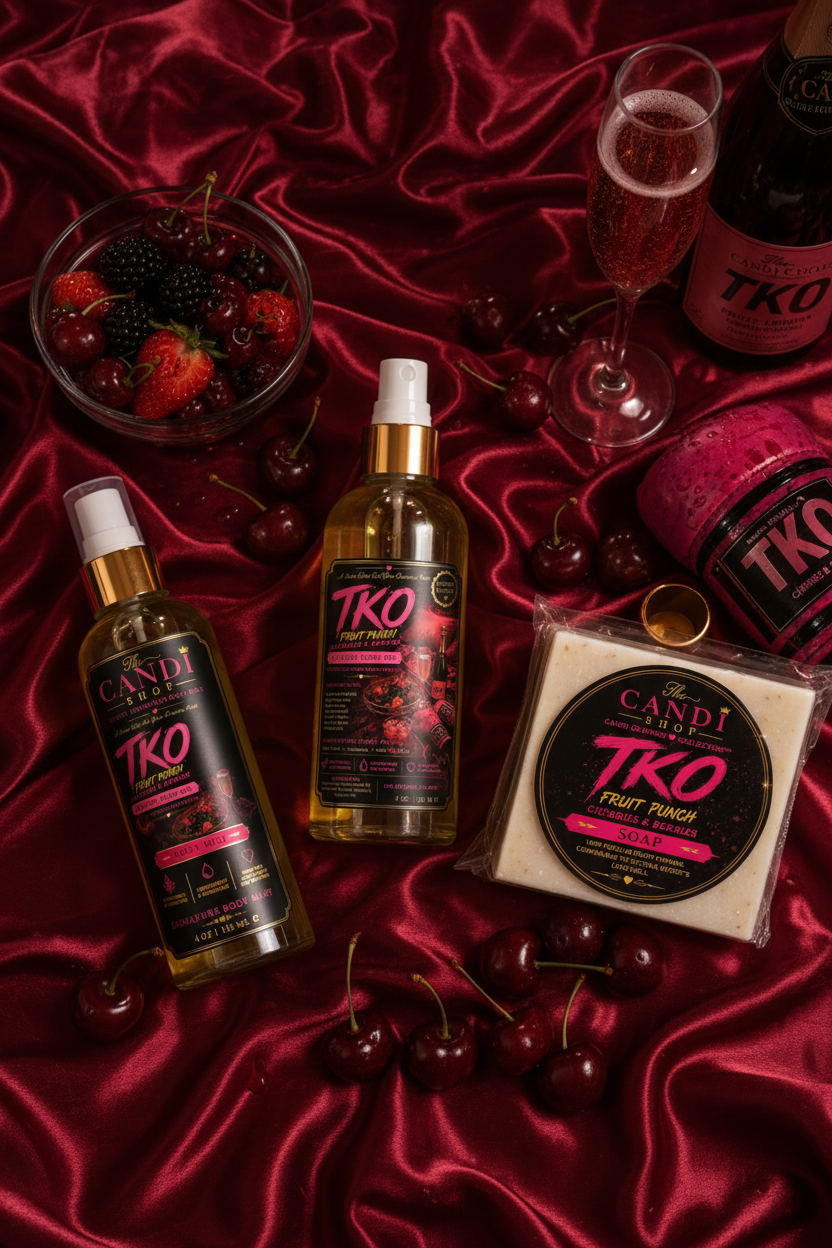 A styled flat-lay of CANDI TKO Fruit Punch flavor products on a shiny dark red satin background, including a spray bottle, a body wash bottle, a packaged fruit punch block, a glass of pink drink, and a bowl of cherries and berries.