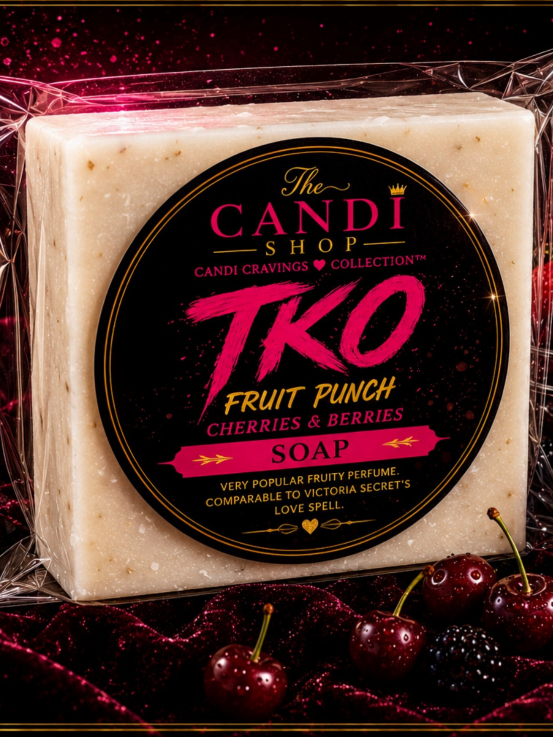 TKO cherry fruit punch artisan soap bar in clear packaging
